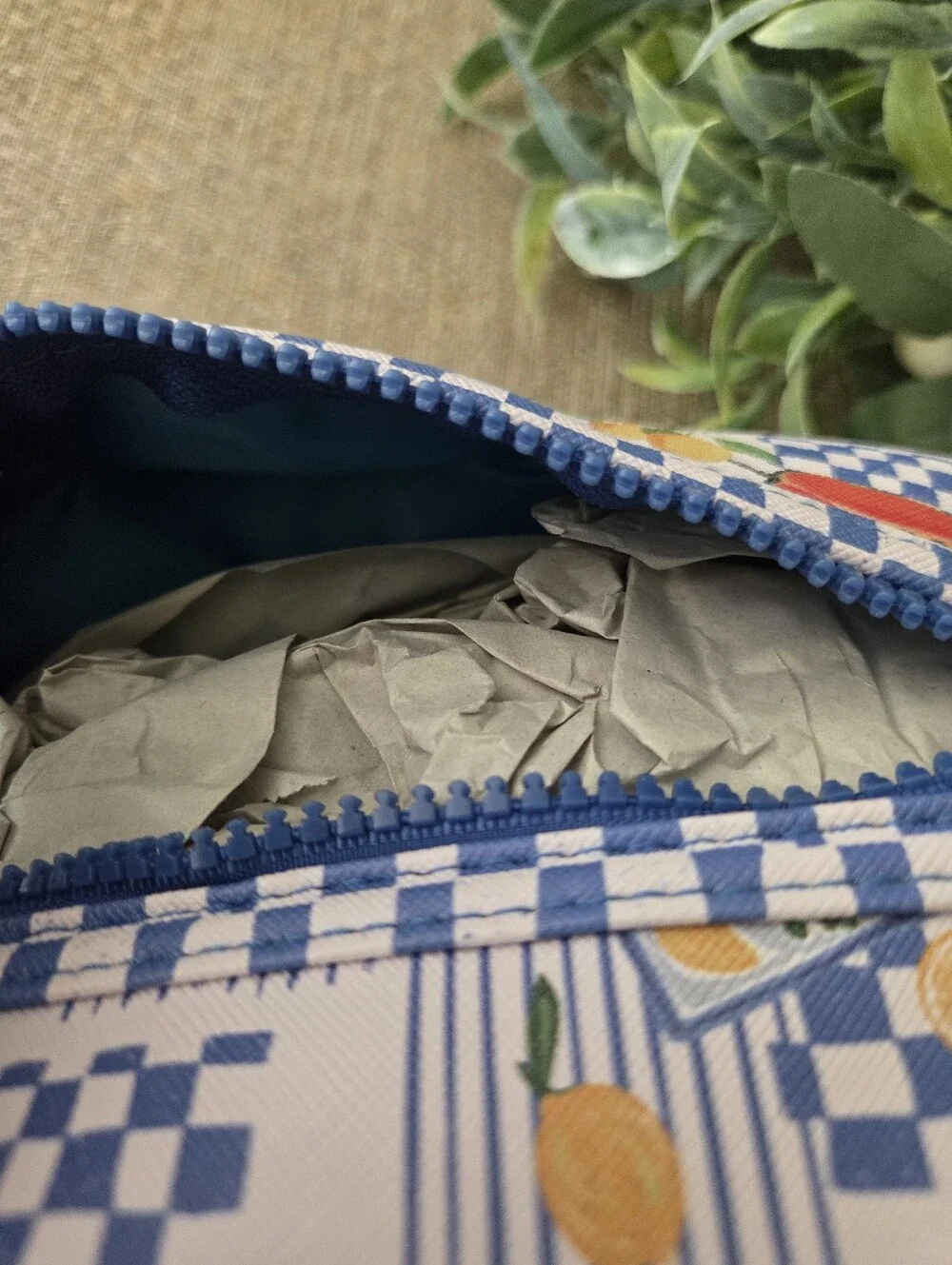 Blue Patterned Cosmetic  Pouch with Yellow Lemon Charm